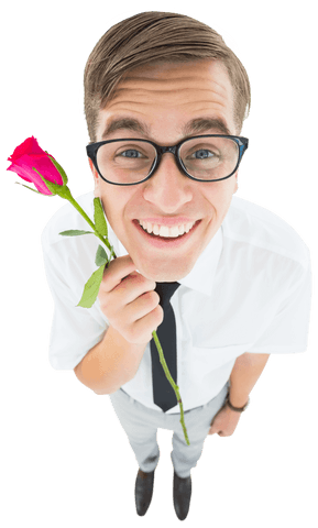 Geeky Hipster Smiling Holding Red Rose Transparent Background - Download Free Stock Videos Pikwizard.com