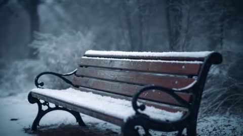 Snow Falling on Wooden Bench Along Foggy Park Path, Moody Winter Bokeh Video