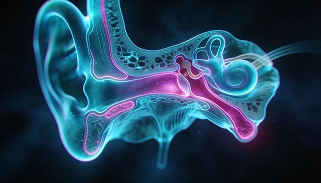 Translucent neon inner ear anatomy illustrating ear canal ossicles cochlea and nerves