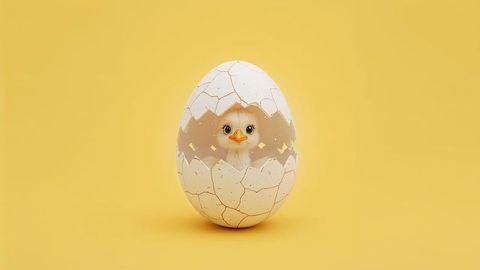 Adorable fluffy chick emerging from eggshell on yellow background