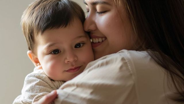 Mother hugging baby closeup showing tender bond and warmth in soft natural light
