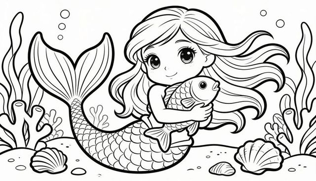 Childlike mermaid hugging fish coloring page line art playful underwater scene