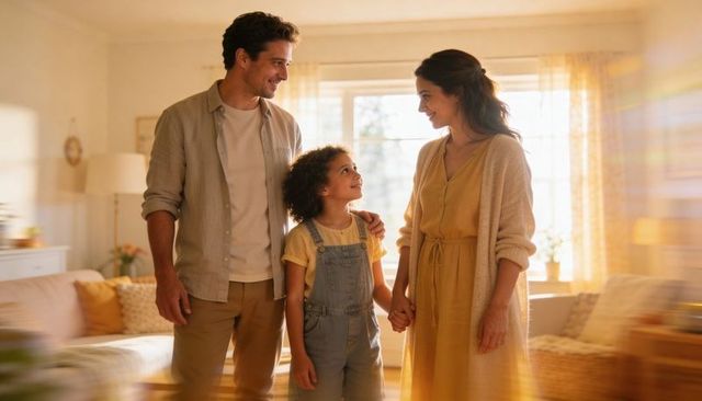 Sunlit family connection parents smiling daughter holding hands in warm cozy living room