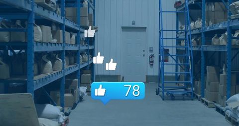 Warehouse inventory row with social media engagement icons