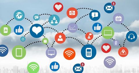 Social Media Network Icons Connected Against Cloudy Sky