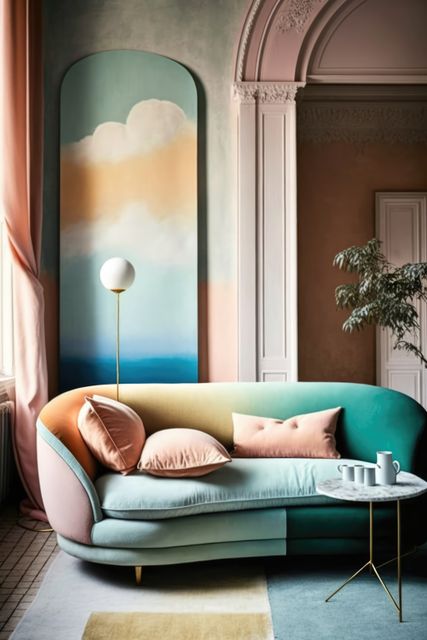 Multicoloured retro pastel sofa with cushions and painting, created using generative ai technology. Interior design, feminine, pastel colours vintage home decoration concept digitally generated image.