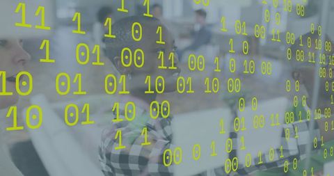 Professional training session with binary digital overlay visualizing data and collaboration