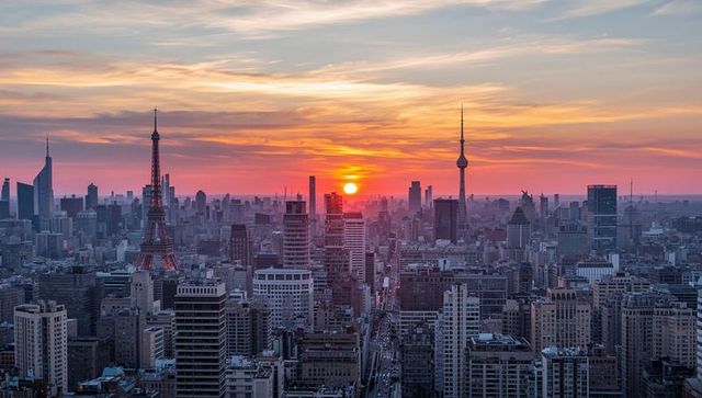 Sunset city skyline featuring tower silhouettes and central avenue leading to sun