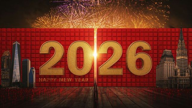 Golden 2026 New Year Celebration on Red Tiled Wall with City Skyline and Fireworks