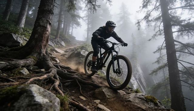 Helmeted mountain biker descending misty rooty rocky singletrack, kicking dust