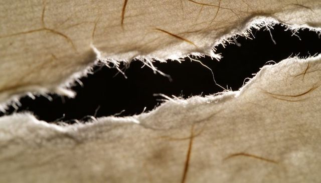 Revealing torn fibrous paper with ragged edge, beige threads and dark void macro texture