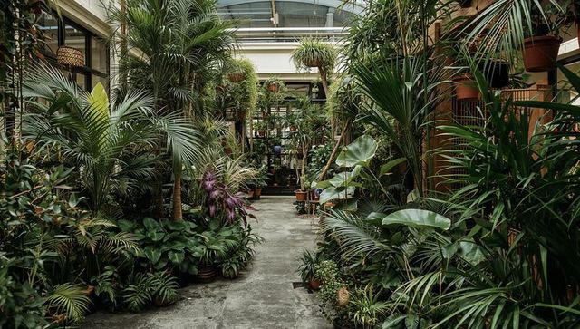Lush conservatory walkway with tropical palms, ferns and hanging baskets under skylight