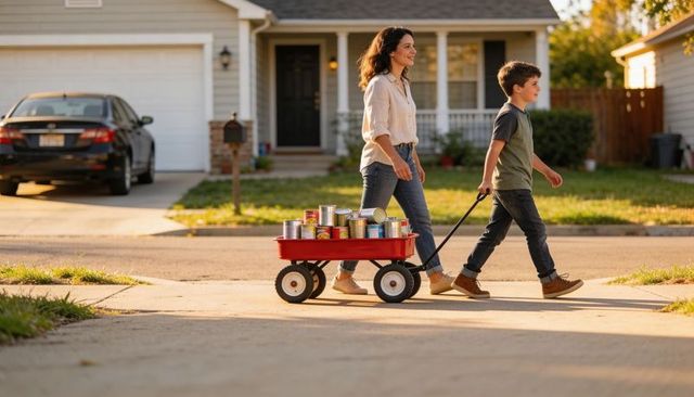 Walking mother and son pulling red wagon loaded with canned food on sunlit suburban street