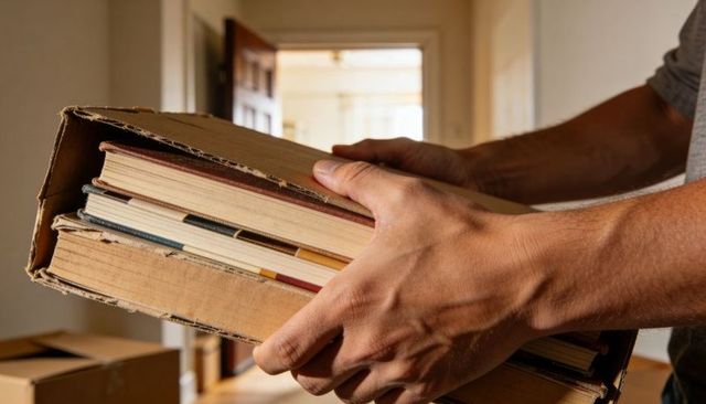 Male hands holding cardboard box of hardback books in home hallway during unpacking