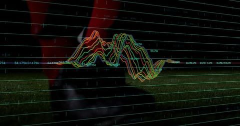 Displaying multicolor waveform overlaying soccer turf with HUD telemetry and biomechanics