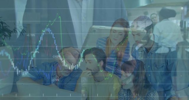 Team Collaborating on Data Analysis with Digital Charts Overlay