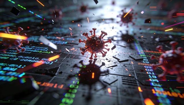Digital virus spreading across neon circuitry with glowing datastreams and cyberpunk glow