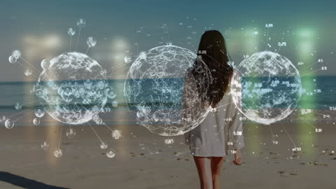 Digital Globe with Futuristic Interface on Beach Background