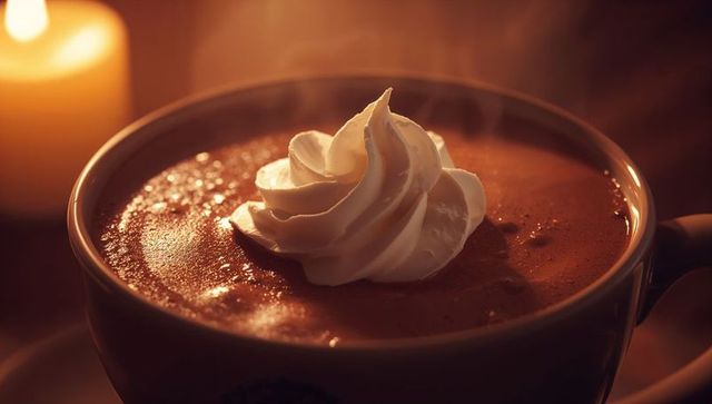 Warm Mug of Hot Chocolate with Whipped Cream and Candlelight