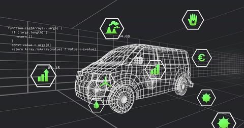 3d wireframe van with digital analytics icons