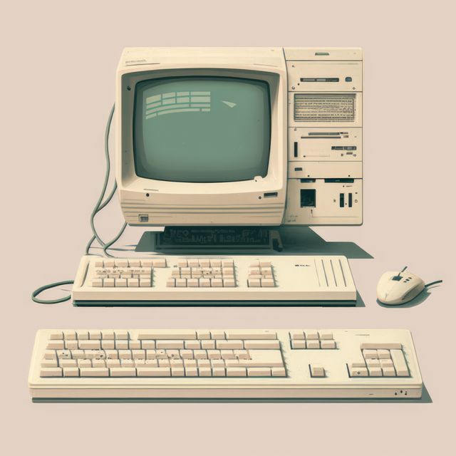 Ideal for articles or content related to retro computing, technology history, and nostalgic designs. Can be used in marketing materials focusing on old electronics or museum exhibits related to tech evolution. Perfect for illustrating the progress of computing technology.