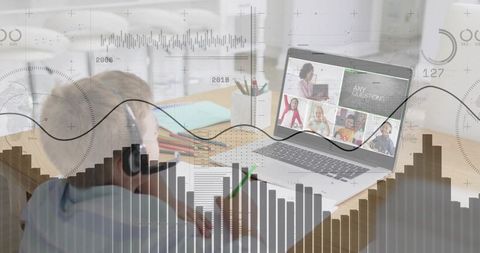 Young student attending remote classroom on laptop with headset and analytics overlay
