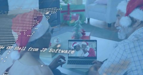 Virtual holiday reunion connecting family and seniors via laptop call wearing santa hats