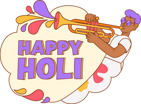 Festival musician with trumpet celebrating vibrant holi on transparent background
