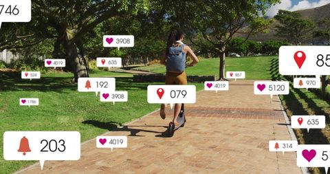 Woman on Scooter Amidst Social Media Notifications in Park - Download Free Stock Images Pikwizard.com