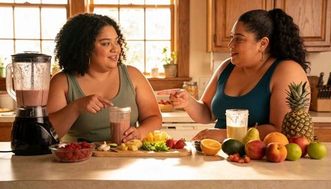 Blending morning smoothies together, two women preparing fresh fruit drinks in kitchen