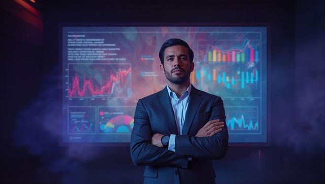Confident executive standing in data-driven workspace with analytics display