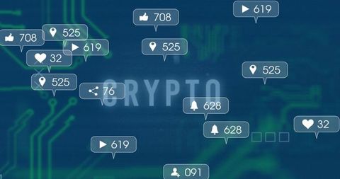 Digital Circuitry Interface with Floating Social Media Icons and Crypto Text
