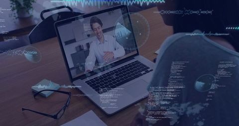 Remote meeting with HUD overlays on laptop at home office desk for virtual collaboration