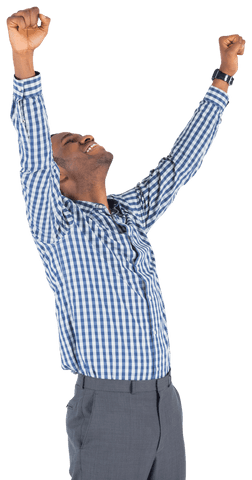 Celebrating Biracial Businessman Raising Hands on Transparent Background