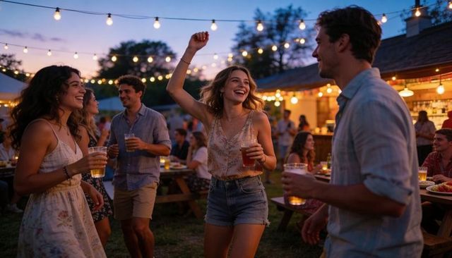 Friends dancing at outdoor evening festival under string lights