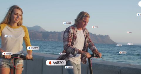 young couple engaging with social media while riding electric scooters along waterfront. ideal for illustrating the intersection of technology and social connectivity, this scene captures real-time engagement in a popular leisure activity. useful for campaigns focusing on tech-savvy youth, outdoor activities, or lifestyle brands emphasizing digital interaction.
