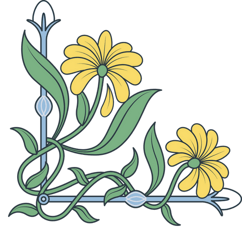 Floral vine with yellow daisies in l-shape on transparent background