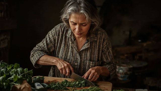Senior woman chopping fresh herbs at rustic farmhouse table preparing homecooked meals