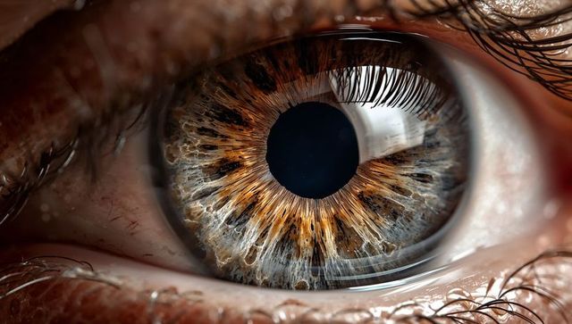 Macro close-up of brown hazel iris revealing intricate texture, pupil reflection detail