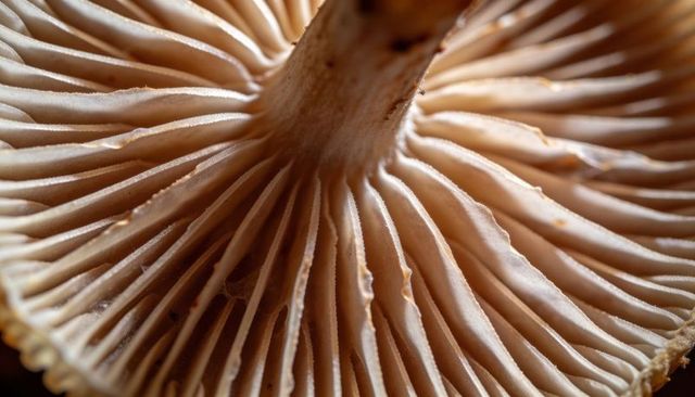 Macro closeup of mushroom gills revealing radial lamellae and fibrous stem texture