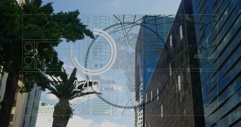 Futuristic Digital HUD Above City Skyscrapers with Palm Trees