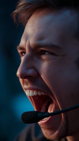 Male Gamer Reacting to Defeat in Intense Vertical Video with Headset and LED Glow