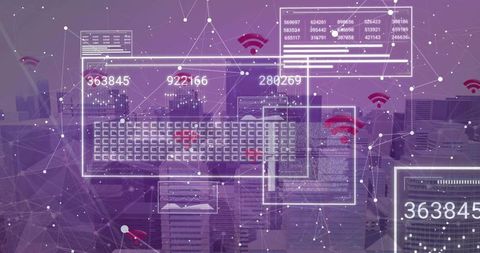 Hovering Holographic Network Dashboard Over Purple Cityscape Showing Wi-Fi Signals and Data