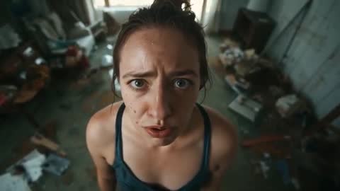 Woman shouting and looking up at overhead camera in cluttered workshop, tense close-up