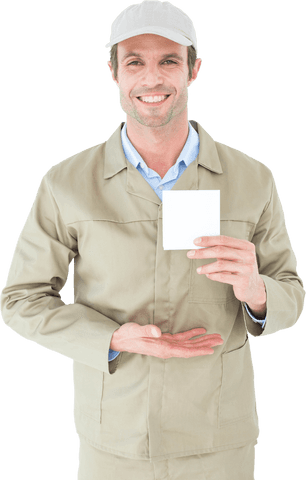 smiling delivery worker holding blank transparent note for message - Download Free Stock Videos Pikwizard.com