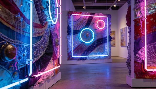 Glowing neon textile installation featuring pink and cyan rings in contemporary gallery