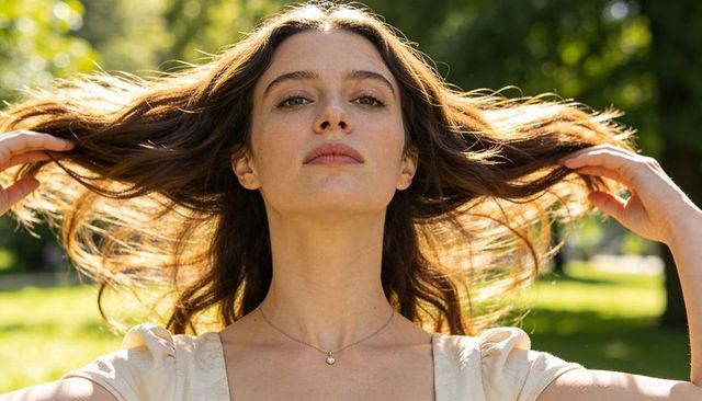 Sunlit brunette holding wavy hair in park, confident portrait wearing pendant