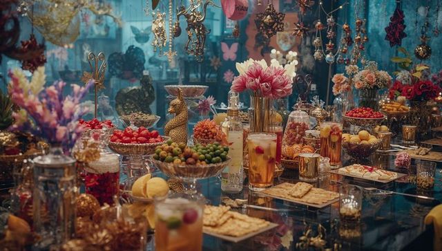Luxurious Feast Table with Ornate Decorations and Glass Bowls