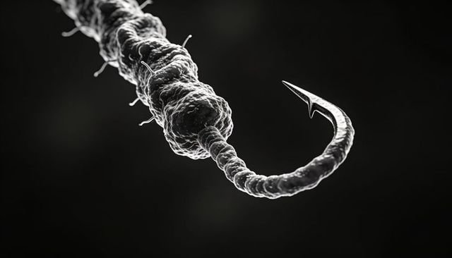 Macro steel fishing hook with braided line and sharp barb in dramatic monochrome