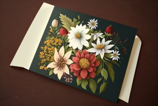 Card with multi coloured flowers and envelope, created using generative ai technology. Celebration, greeting cards and well wishes concept digitally generated image.